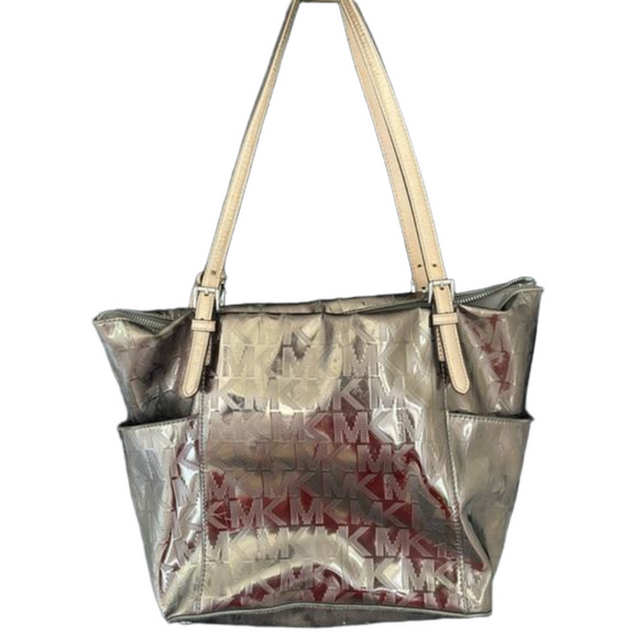 Michael Kors Bag Womens Signature Jet Set Sliver Monogram Shoulder Logo Tote - Picture 1 of 9